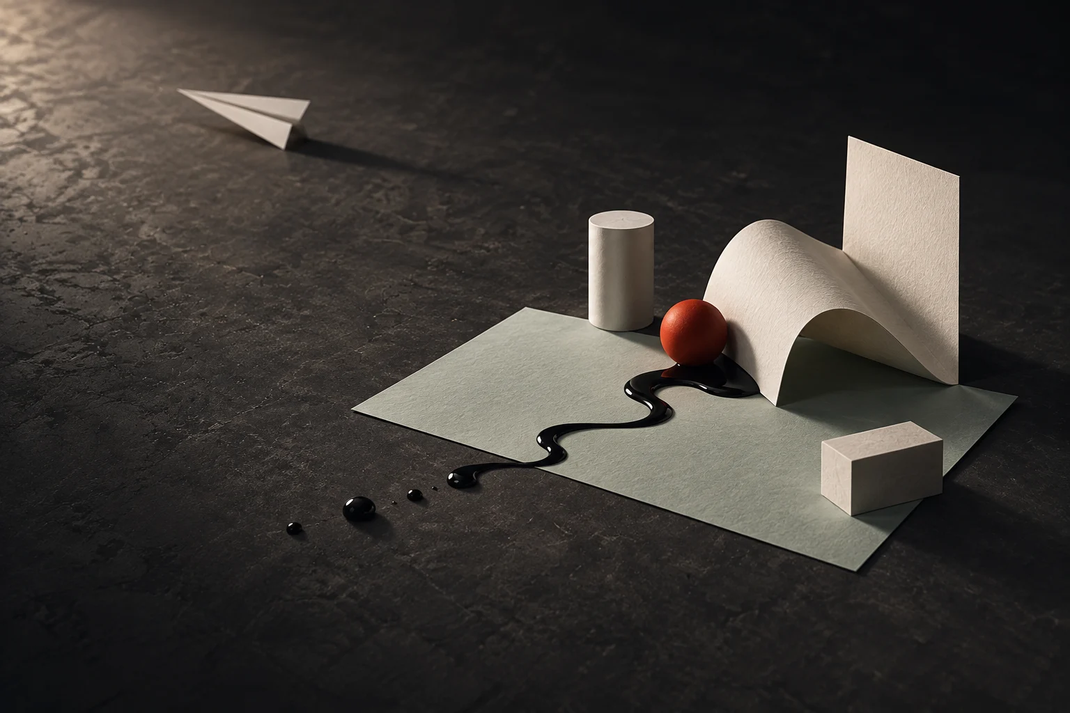 Composition de volumes blancs, d’encre sombre et d’un accent rouge sur une table.